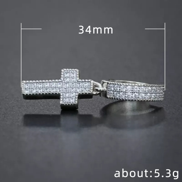 SILVER CROSS DANGLE UNISEX STUD BLING ZIRCON EARRINGS - Picture 4 of 7